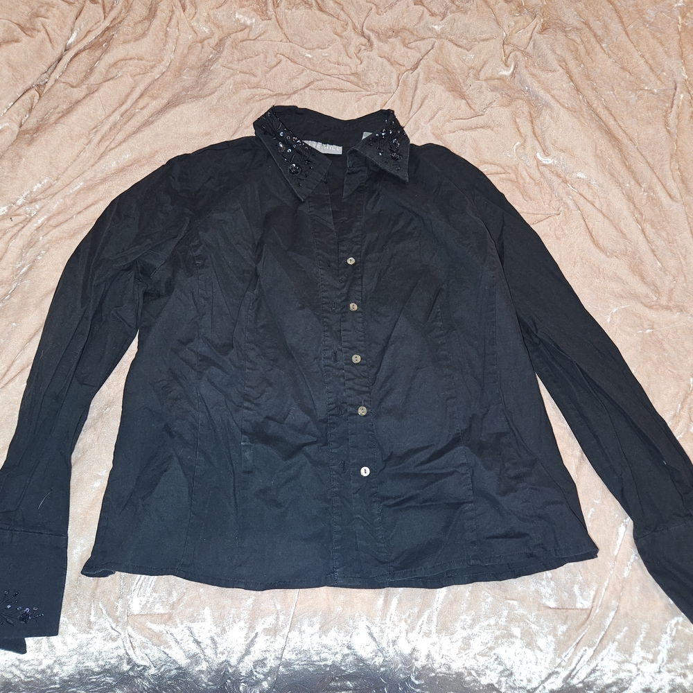 Kate Hill Black Blouse with Embellished Collar